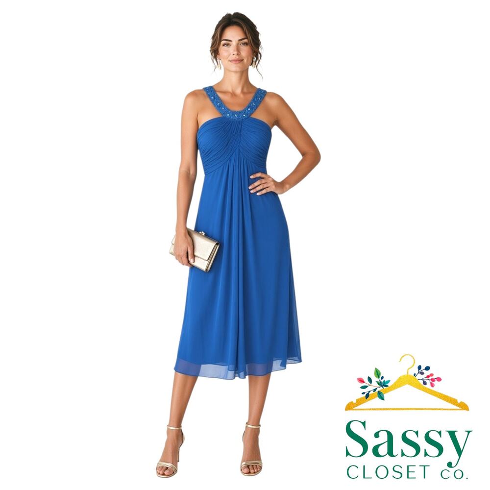 Alex Evenings Royal Blue Beaded Halter Cocktail Dress 6 Ruched Midi EUC